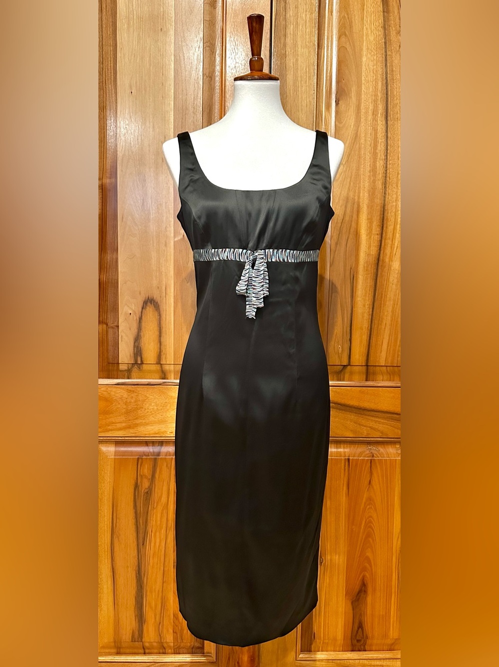 Missoni Italy Black Satin Sheath Dress w/Multicolored Knit Belt/Bow Accent 8 EUC